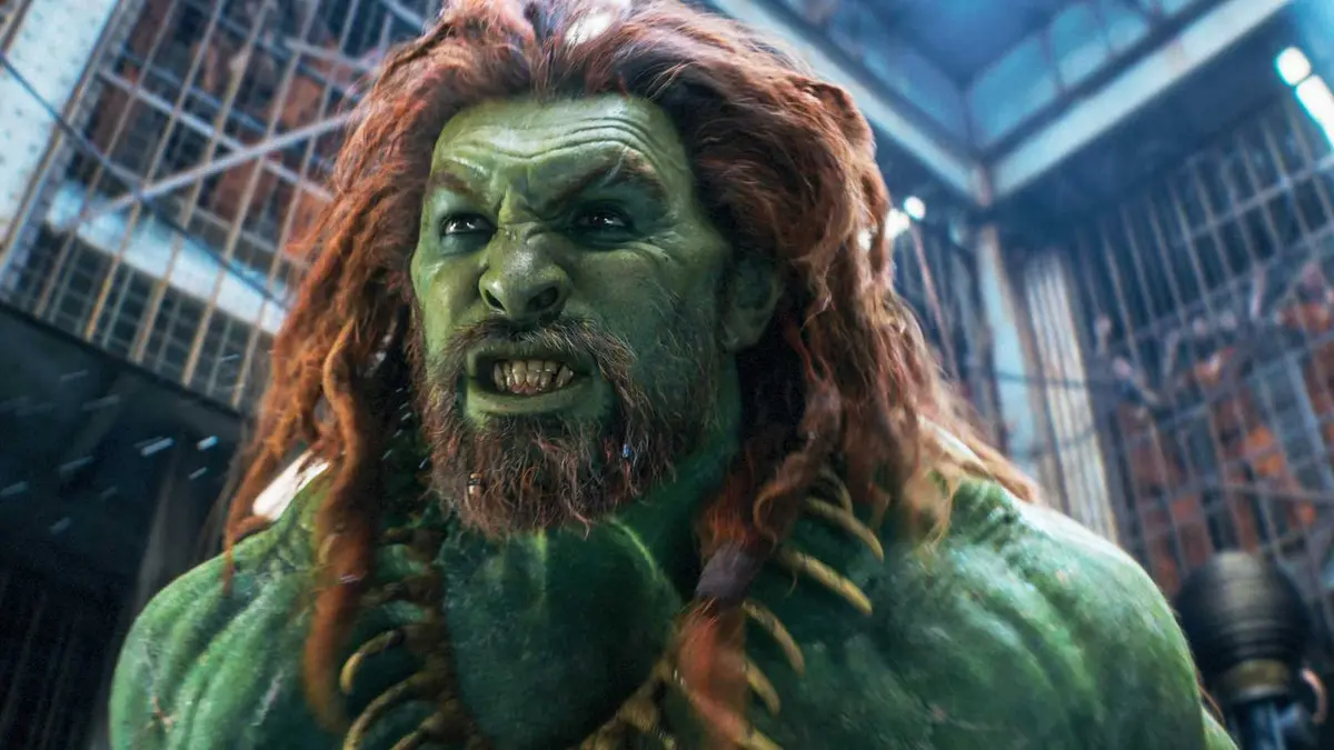 A closeup of Jason Momoa Blanka in Street Fighter