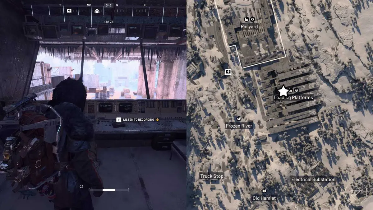 The left-hand side of the image shows the player in Arc Raiders standing in front of the nomad recording while the right-hand side shows the location marked on the in-game map with a star.