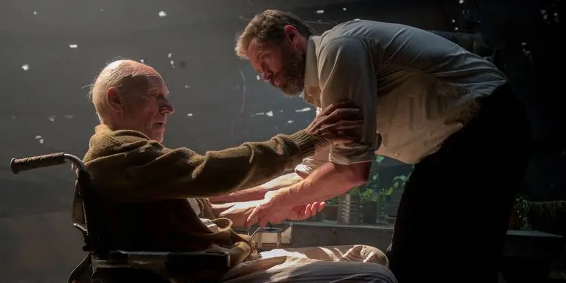 Logan (Hugh Jackman) cares for an elderly Charles Xavier (Patrick Stewart) in Logan