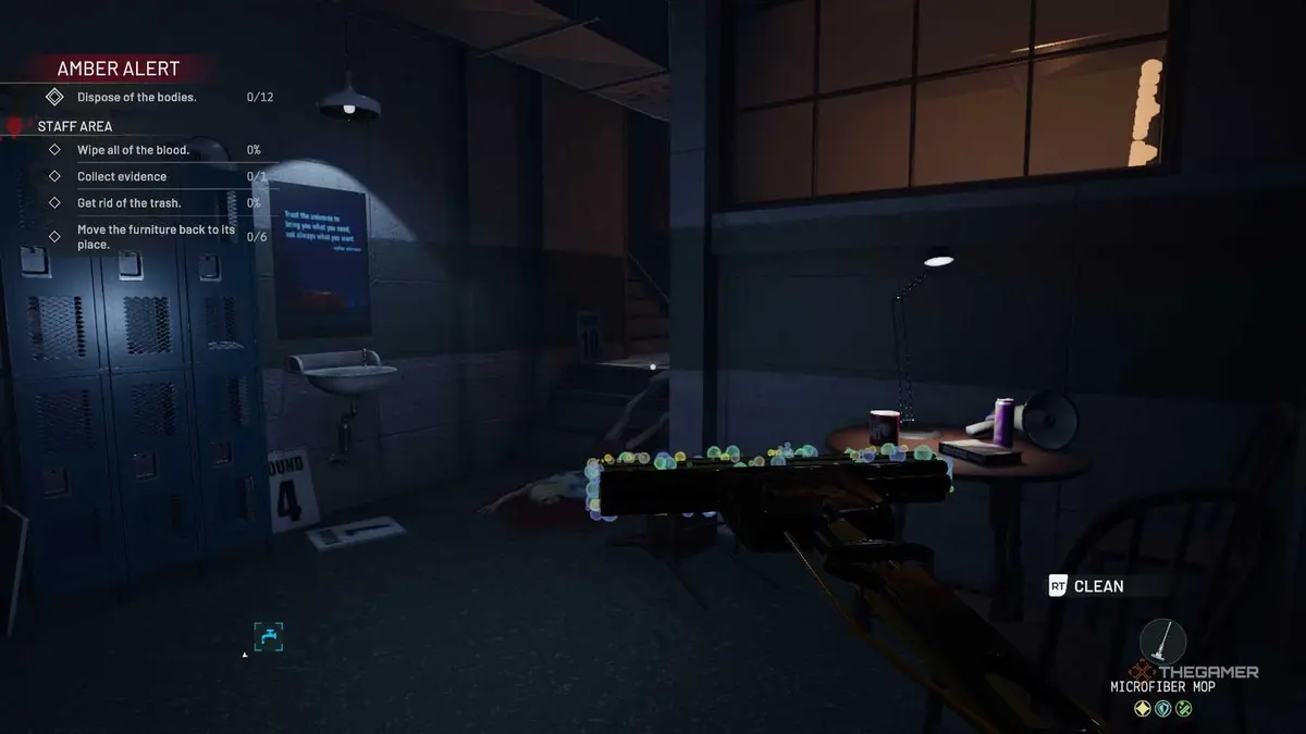 Crime Scene Cleaner Staff Area showing mop and lockers.