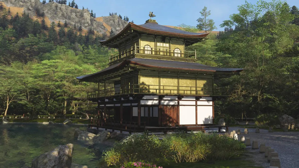 Kinkaku-Ji Temple, the temple covered in gold leaf, as seen in Forza Horizon 6.