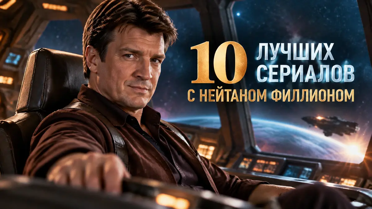 Нейтан Филлион в космическом антураже на капитанском мостике фантастического сериала