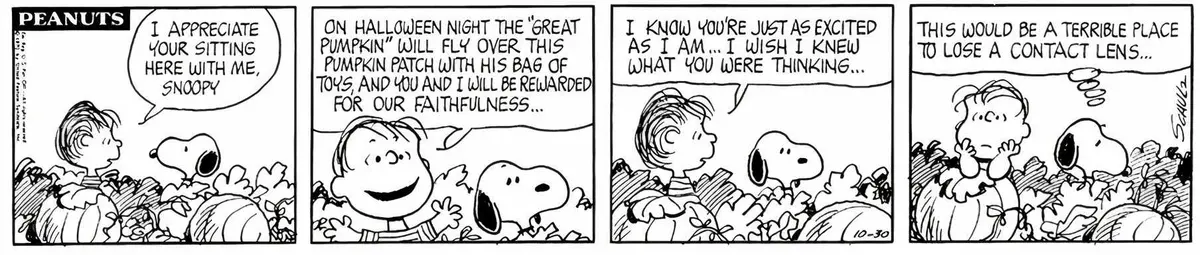 Snoopy And Linus discuss The Great Pumpkin.