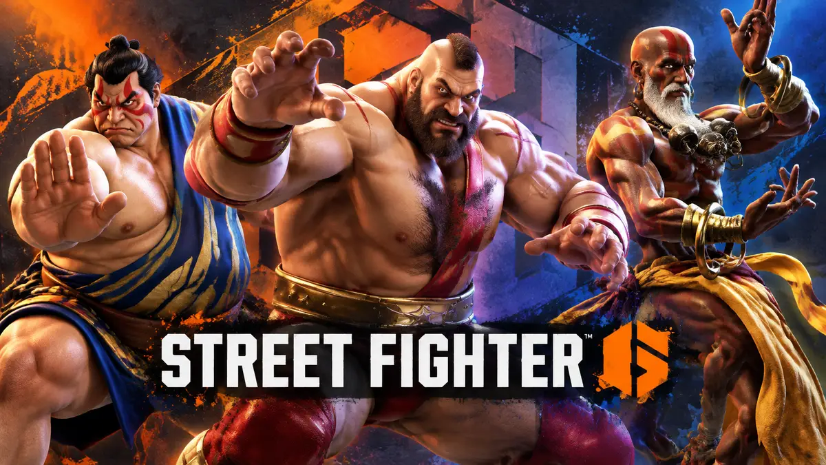 Зангиев, Хонда и Дхалсим из Street Fighter 6 в ярких новых костюмах на фоне логотипа игры