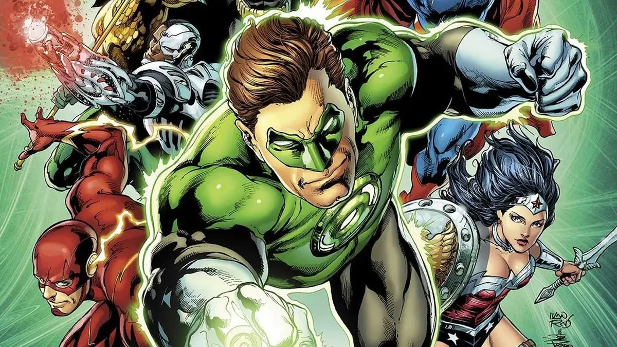 Green Lantern flying into battle with Flash, Wonder Woman, and other Justice League members