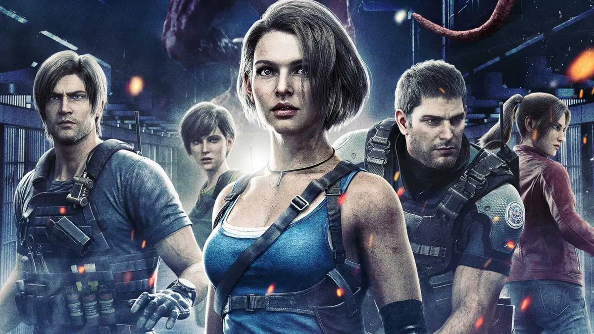 Resident Evil's Jill Valnetine stands and looks blankly ahead while Chris, Leon, Rebecca, and Claire stand behind her.