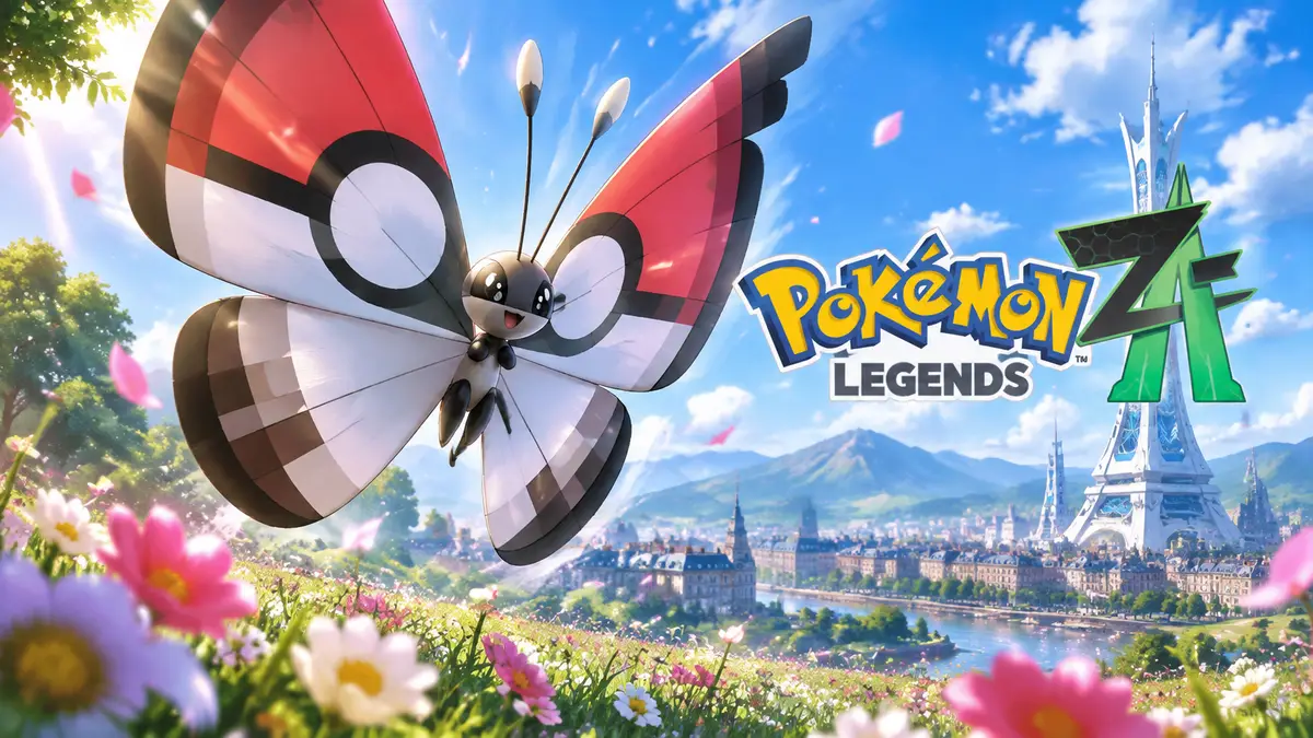 Яркая бабочка Vivillon с узором Poke Ball парит над цветущим лугом, логотип Pokemon Legends: Z-A