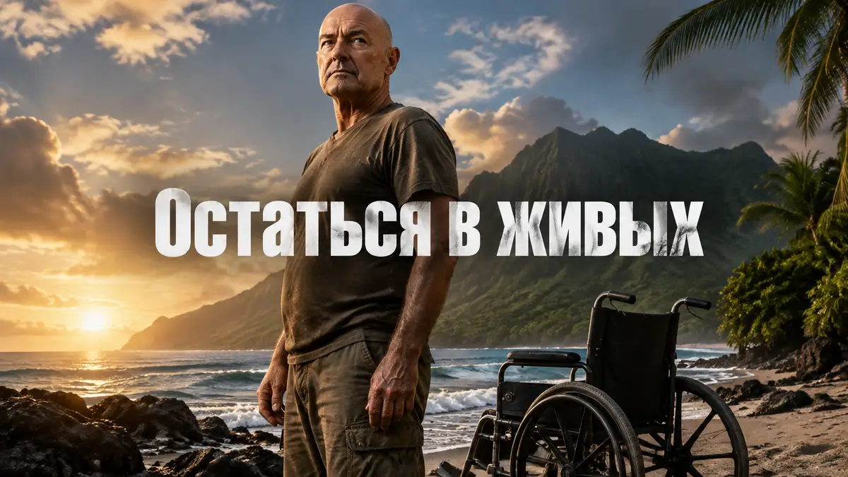 Джон Локк из сериала «Остаться в живых» стоит на тропическом пляже рядом с пустым инвалидным креслом