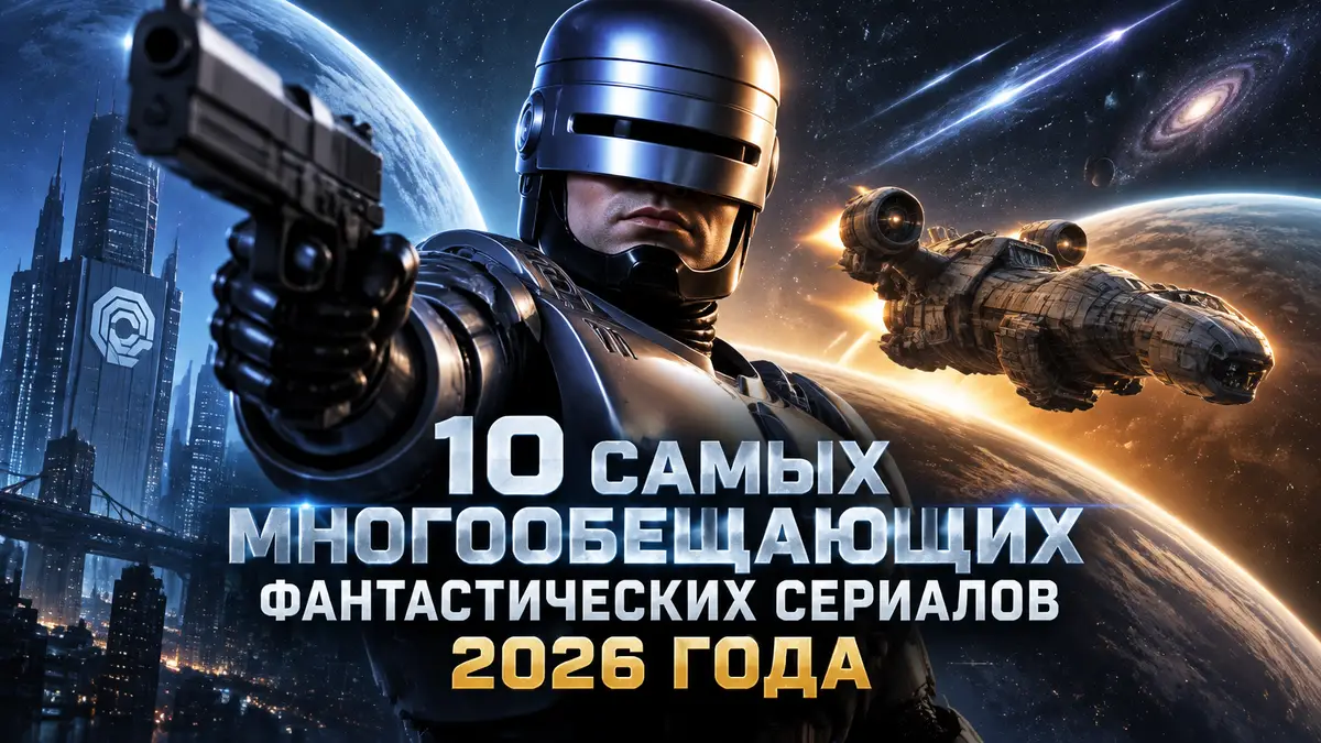 Постер фантастических сериалов 2026: Робокоп в центре, рядом корабль Серенити и космос с кометами
