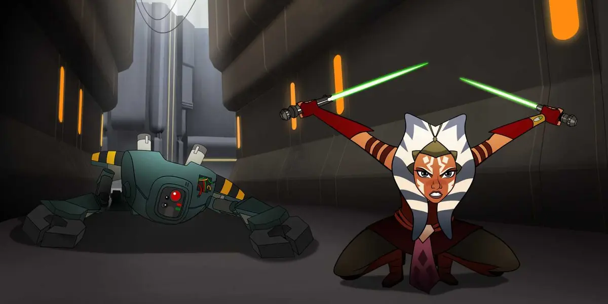 Ahsoka uses her lightsabers in Star Wars: Forces of Destiny