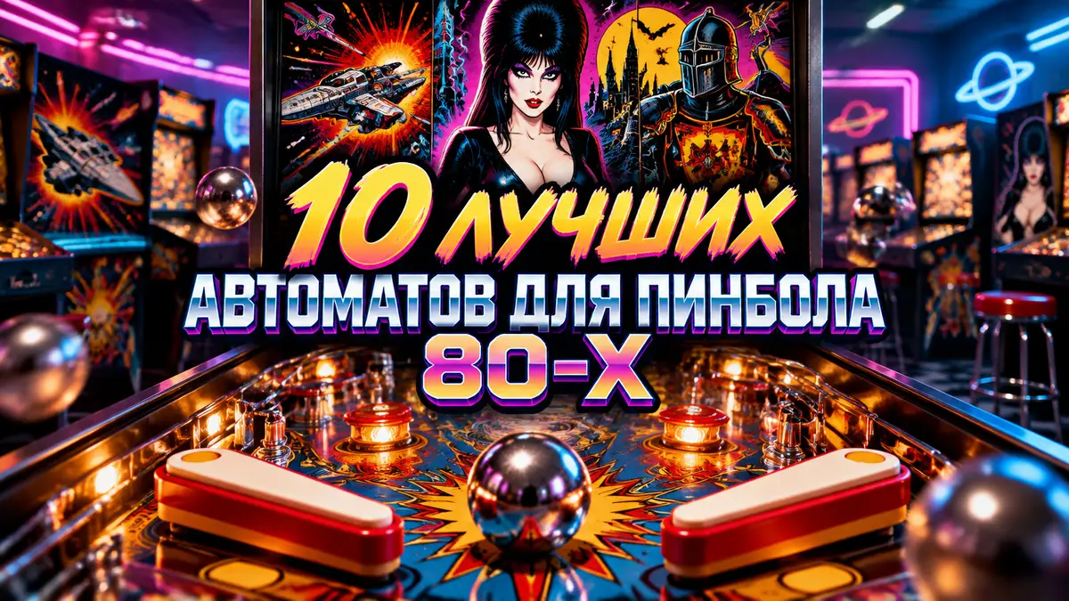 Яркий неоновый автомат для пинбола 80-х в центре, вокруг шарики, флипперы и ретро-арт аркадного зала