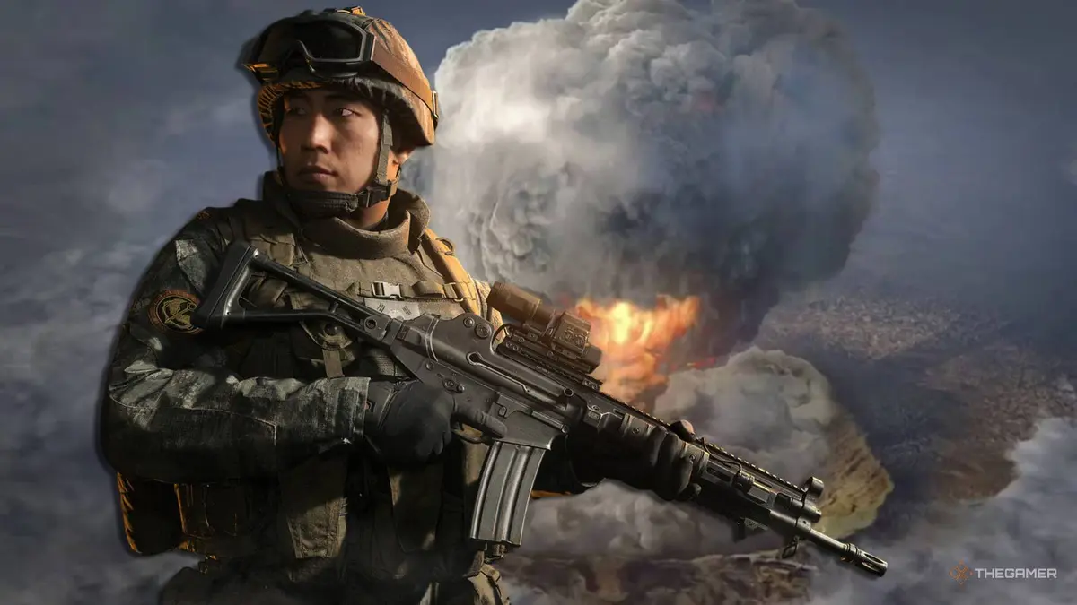 modern warfare 4 soldier standing in front of a nuclear explosion.