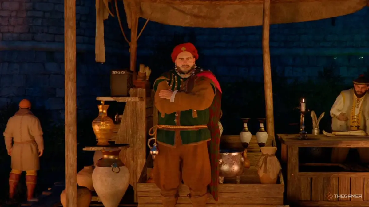 Crimson Desert character standing in the royal trading post.