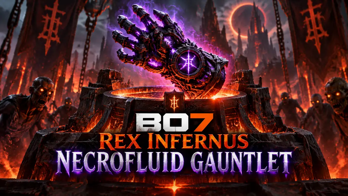 Светящаяся перчатка Necrofluid Gauntlet над мистической кузницей в Black Ops 7 Zombies Rex Infernus