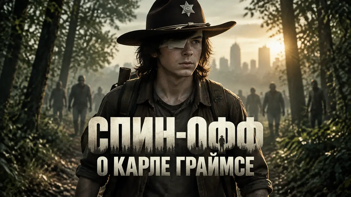 Карл Граймс в шляпе шерифа идёт по лесу, постер в стиле сериала «Ходячие мертвецы», спин-офф Риггза