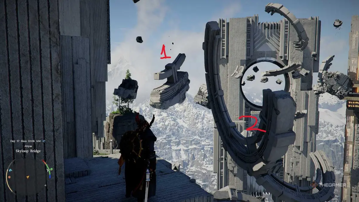A player solving the Skyloop Bridge puzzle in Crimson Desert.