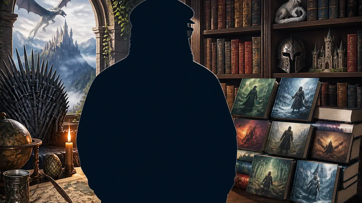 Писатель Джордж Мартин на фоне фэнтези книг и романов