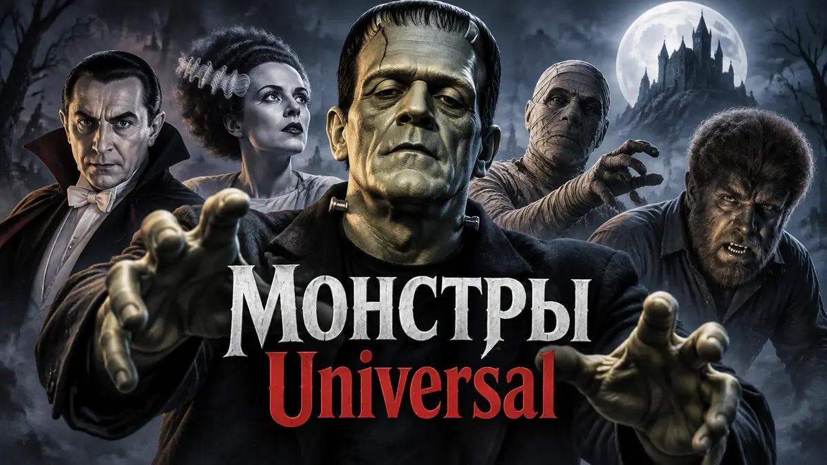 Чудовище Франкенштейна в окружении монстров Universal — Дракулы, Мумии и Человека-волка, классический хоррор
