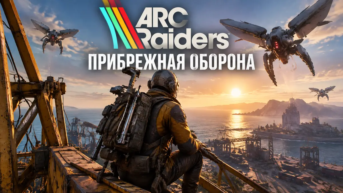 Рейдер ARC Raiders на вершине портового крана над морем, вокруг летают дроны Arc — квест «Прибрежная оборона»