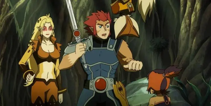 Lion-O and Cheetara speaking with Wilykit and Wilykat from the TV series ThunderCats (2011)