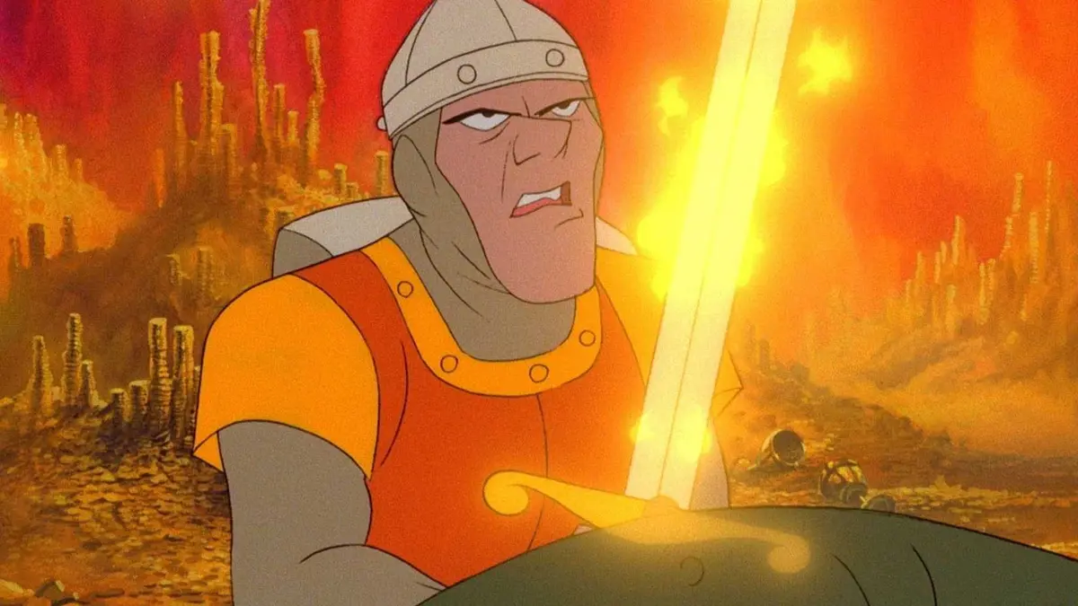 Dirk the Daring surrounded by gold and fire from Dragon's Lair