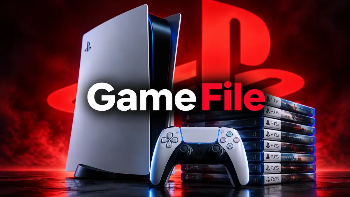 Консоль PS5 с геймпадом DualSense и стопкой игровых дисков на фоне красного логотипа PlayStation