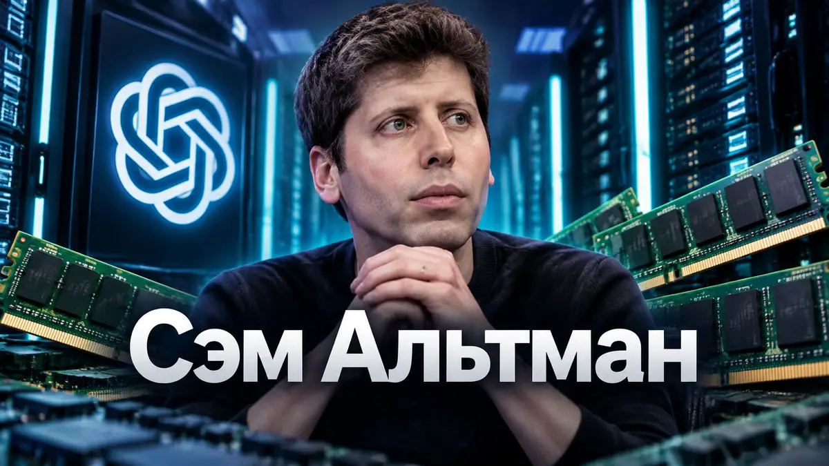 Сэм Альтман на фоне неоновых серверных стоек и модулей оперативной памяти