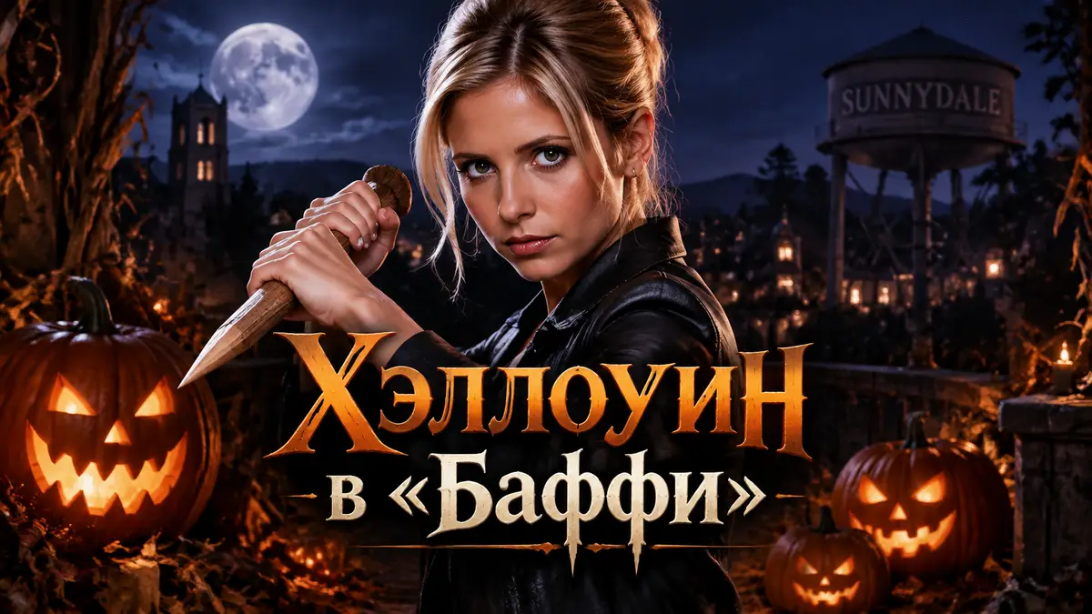Баффи Саммерс с осиновым колом на фоне тыкв и ночного Саннидейла, постер сериала «Баффи» к Хэллоуину