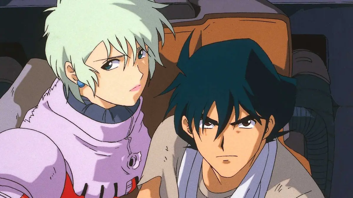 A screenshot of Gundam 08th MS Team with Shiro Amada and Aina Sahalin sitting in a Gundam's cockpit together