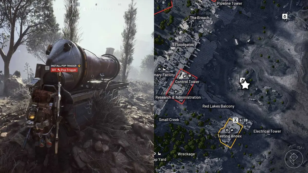 The left-hand side of the image shows the player in Arc Raiders standing next to a gondola prototype while the right-hand side of the image shows the location marked on the in-game map.