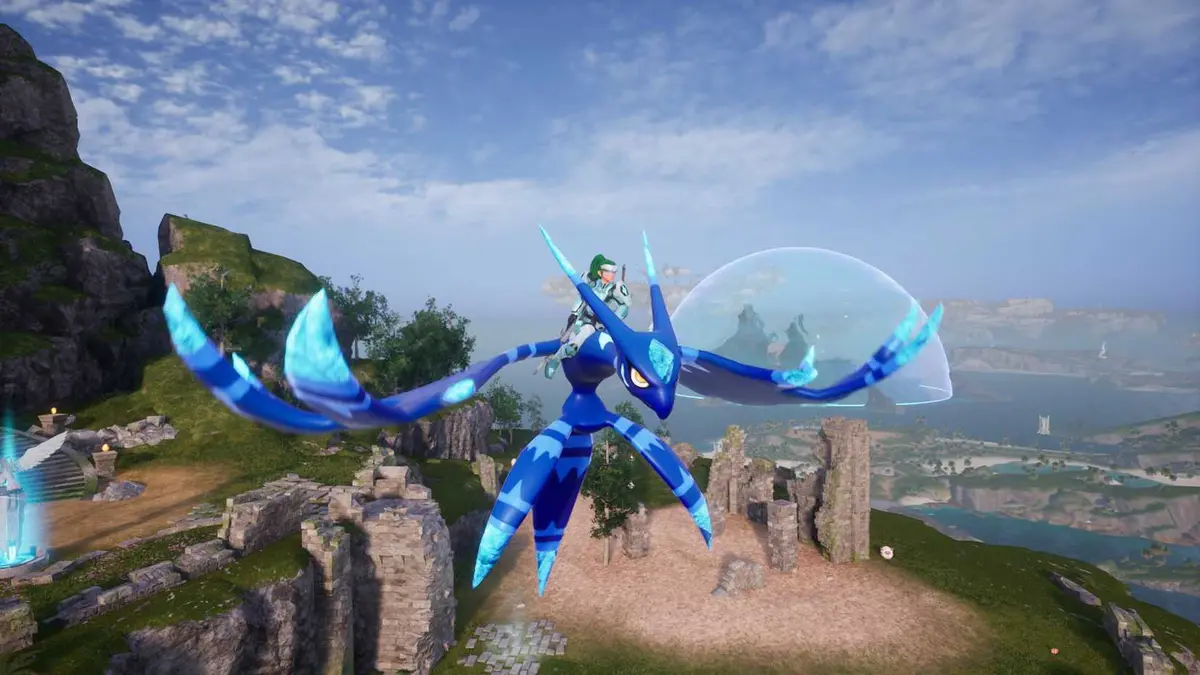 A Palworld screenshot showing the Suzaku Aqua pal