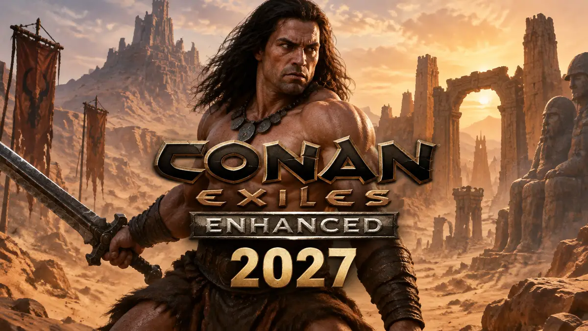 Конан-варвар на фоне пустынных руин в стилистике игры Conan Exiles