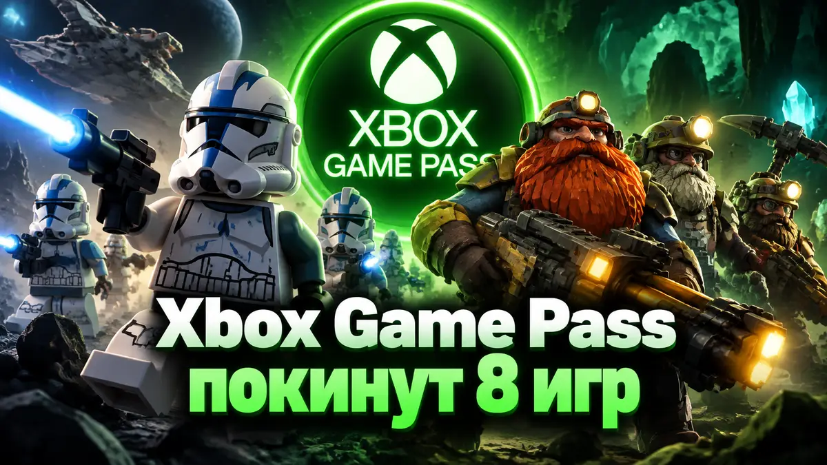 Клоны-солдаты LEGO Star Wars и гномы-шахтёры Deep Rock Galactic на фоне зелёного логотипа Xbox Game Pass