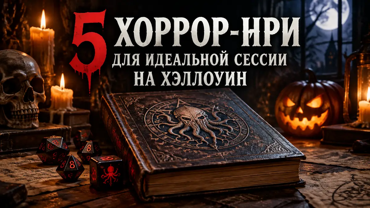 Книга правил настольной хоррор-игры и игральные кости в мрачной атмосфере свечей