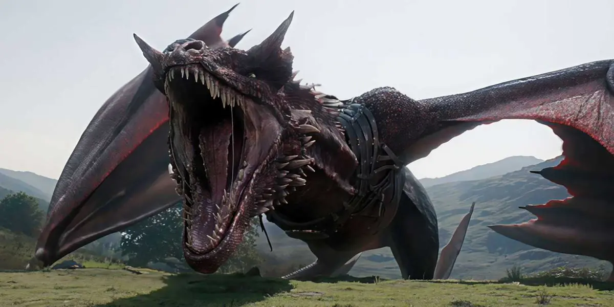 A large dragon roaring in House of the Dragon on HBO