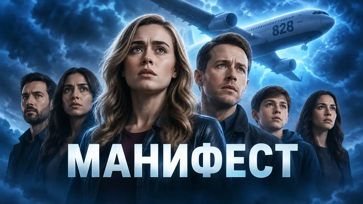Пассажиры рейса 828 на фоне грозового неба и таинственного синего свечения в сериале Манифест