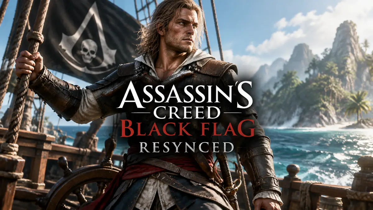 Эдвард Кенуэй на палубе пиратского корабля в Карибском море, логотип Assassin’s Creed Black Flag Resynced