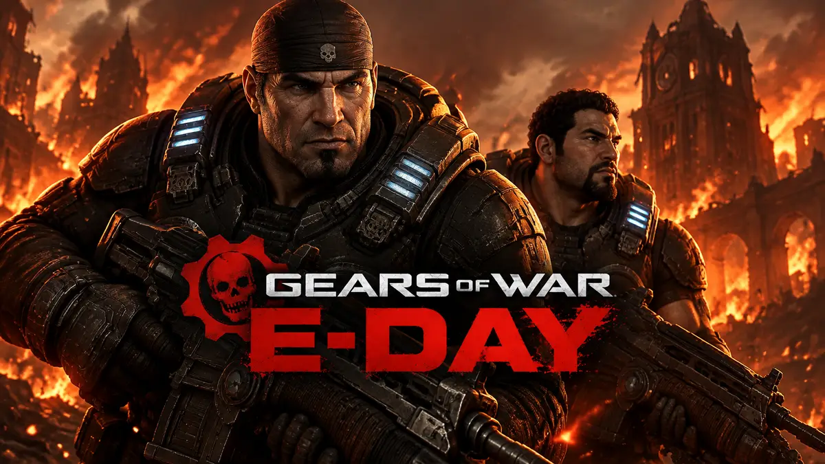 Маркус Феникс и Дом Сантьяго в броне на фоне горящего города, логотип Gears of War: E-Day