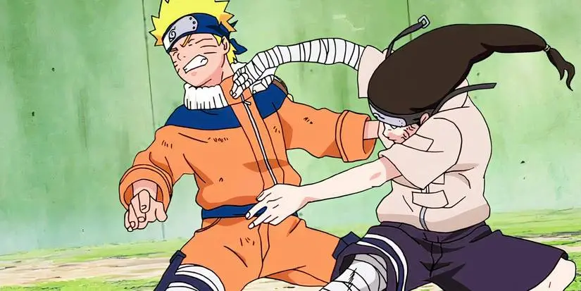 Neji Hyuga's Byakugan hits Naruto Uzumaki during their Chunin Exams match in Naruto.
