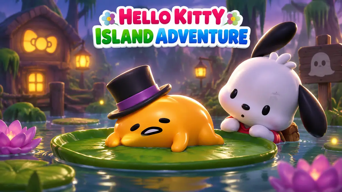 Гудетама в цилиндре лениво лежит на кувшинке в болоте Hello Kitty Island Adventure рядом с Pochacco