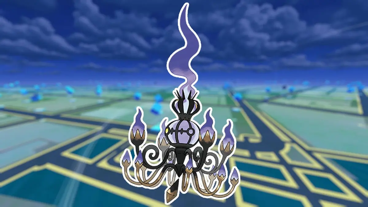 Mega Chandelure on a night background for Pokémon Go.