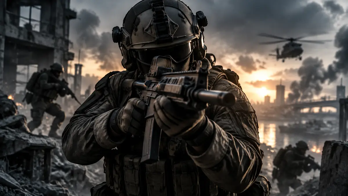 Боец в полной тактической экипировке целится через мушку оружия в Call of Duty Modern Warfare 4
