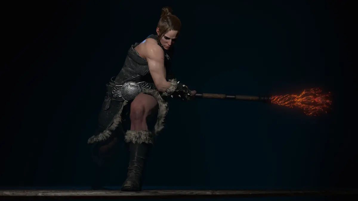 Diablo 4’s Barbarian swinging their weapon in the dark