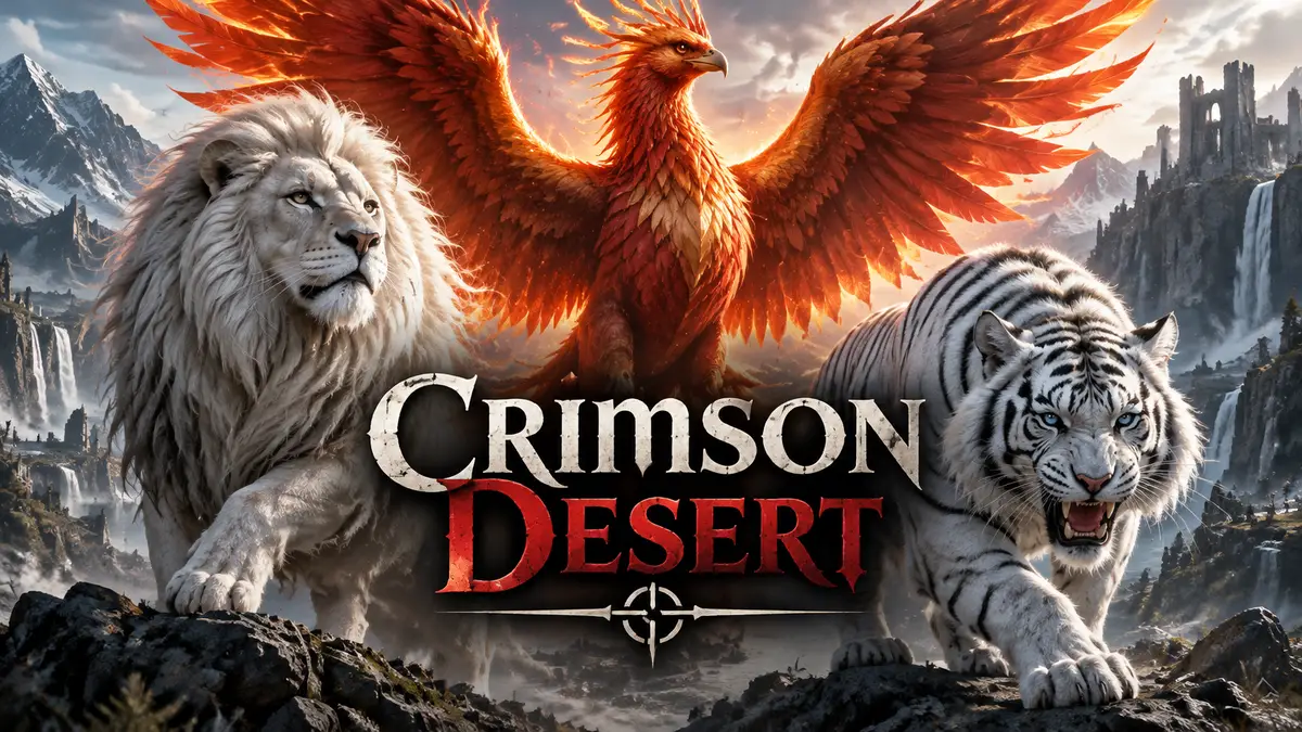 Легендарные животные Crimson Desert: белый лев, феникс и белый тигр на фоне суровой фэнтези-долины