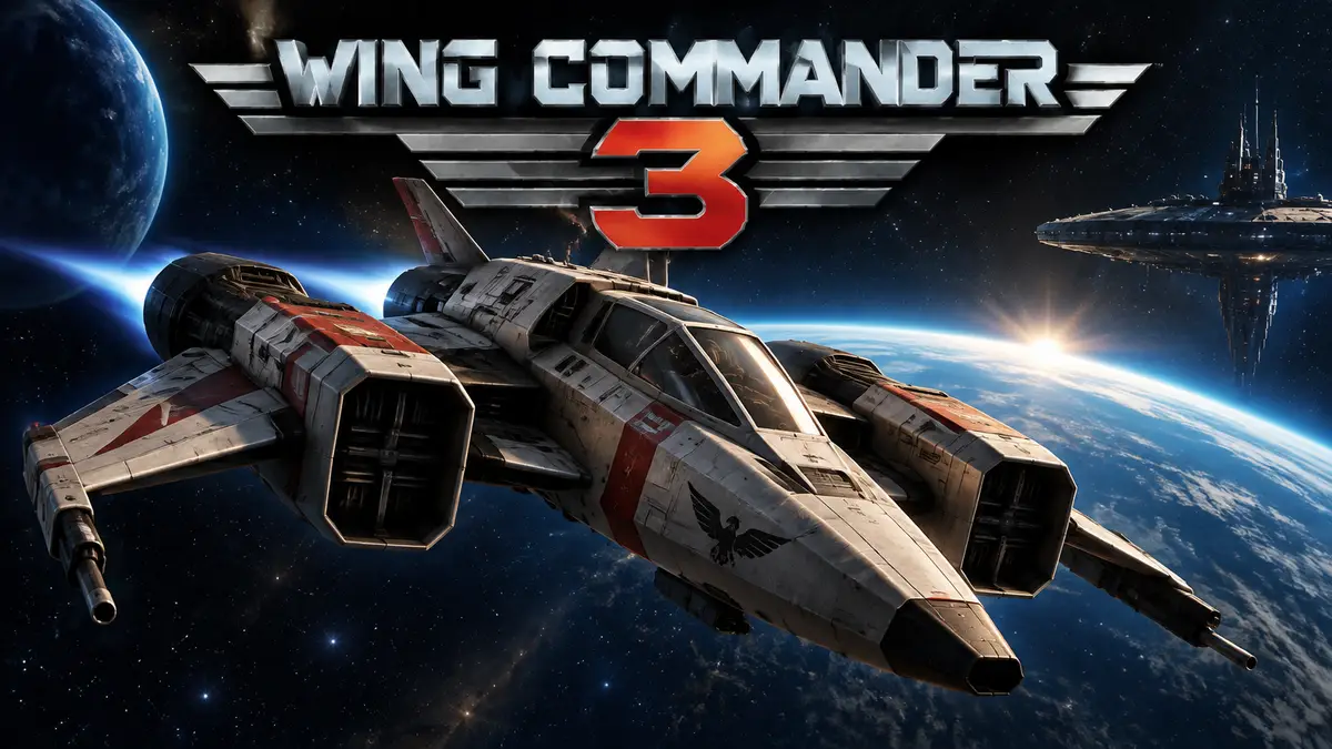 Космический корабль из игры Wing Commander 3 на фоне звездного пространства и логотипа