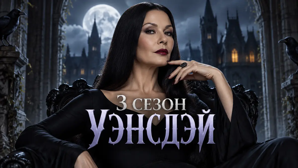 Кэтрин Зета-Джонс в образе Мортиши Аддамс в готическом стиле сериала Уэнсдэй