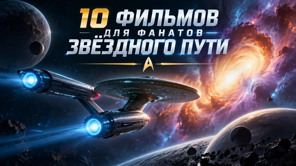 Звездолёт летит к сияющей туманности среди планет, постер подборки фантастики для фанатов «Звёздного пути»