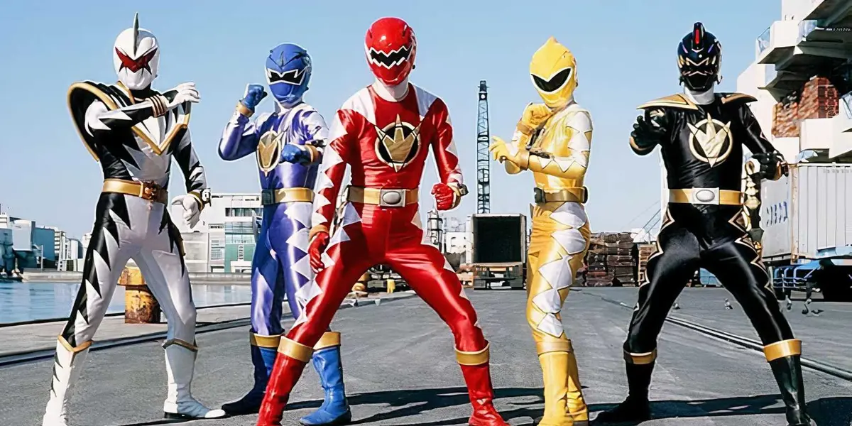 The White, Blue, Red, Yellow, and Black Rangers in Power Rangers Dino Thunder