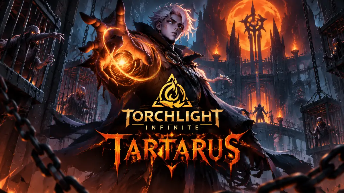Мрачная подземная тюрьма Tartarus с узниками и магом в центре, хэллоуинский key art Torchlight: Infinite