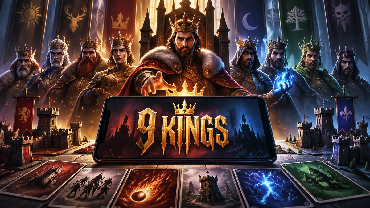 Девять королей стратегии 9 Kings у трона среди карт, башен и магии, логотип игры на смартфоне